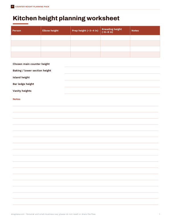 Preview of Printable Counter Height Worksheet